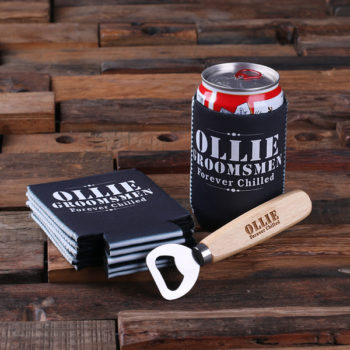 Personalized Beer Can Holder in Black with Wooden Beer Bottle Opener T-025307
