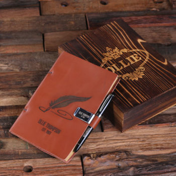 Personalized Leather Diary Sketchbook with Pen & Pen Holder Quill Print T-025309