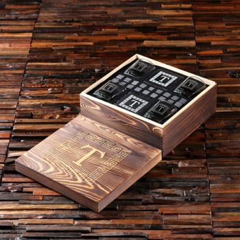 4 Slate Coasters, 4 Whiskey Glasses and 18 Sipping Stones with Engraved Wood Box