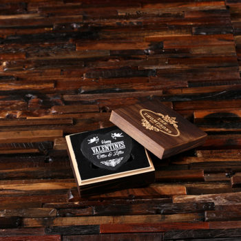 Heart-Shaped Wedding Favor Coaster Set & Engraved Wood Box