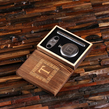 Round 5 oz. Flask, Cigar Holder and Cutter with Engraved Wood Box