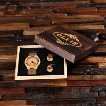 “Rustic” Personalized Wood Watch, Cuff Links & Engraved Box