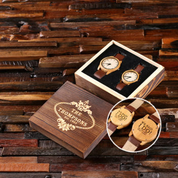 His & Hers Personalized Bamboo Watch with Leather Straps T-025403 With Box