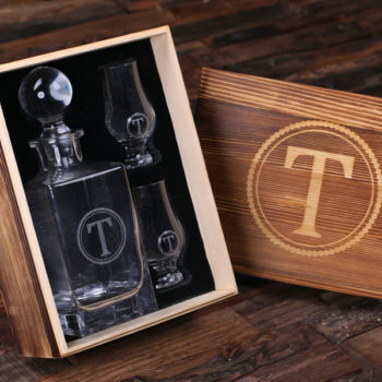 Personalized Whiskey Decanter with Round Stopper & Snifters in Keepsake Wood Box T-025287
