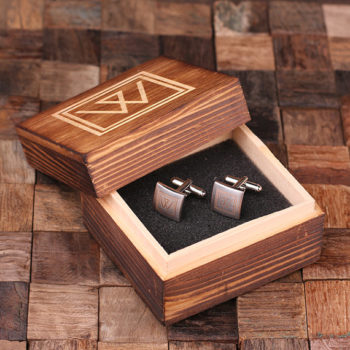 Classic Square Personalized Engraved Cuff Links Inside Wood Box T-025063