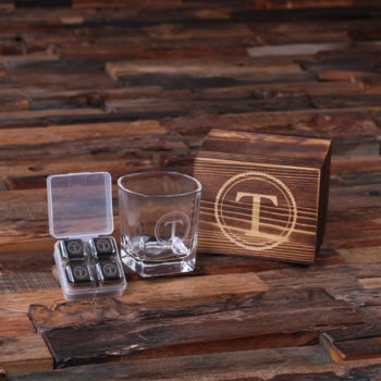 Custom Whiskey Scotch Glass & Stainless Steel Ice Cube Set T-025247