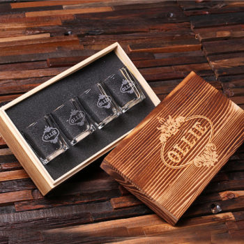 Personalized Engraved Shot Glass 4 Set & Keepsake Wood Box T-024967