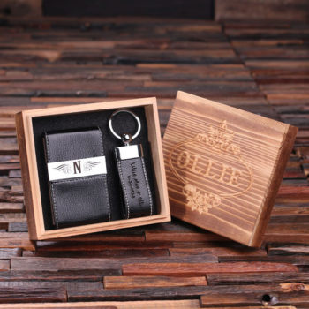 Personalized Leather Business Card Holder & Key Chain Inside Box Black T-025117-Black
