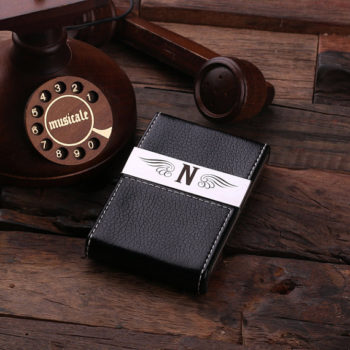 Personalized Leather Business Card Holder in Black T-025050