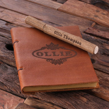 Personalized Leather Travel Diary & Blue Ink Wood Pen T-024972
