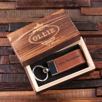 Personalized Light Brown Leather Key Chain & Wood Gift Box T-024917-LightBrown