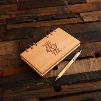 personalised wood bound notebook and pen set