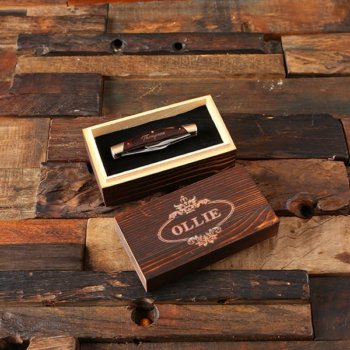 Personalized Multi-Blade Pocket Knife and Wood Box