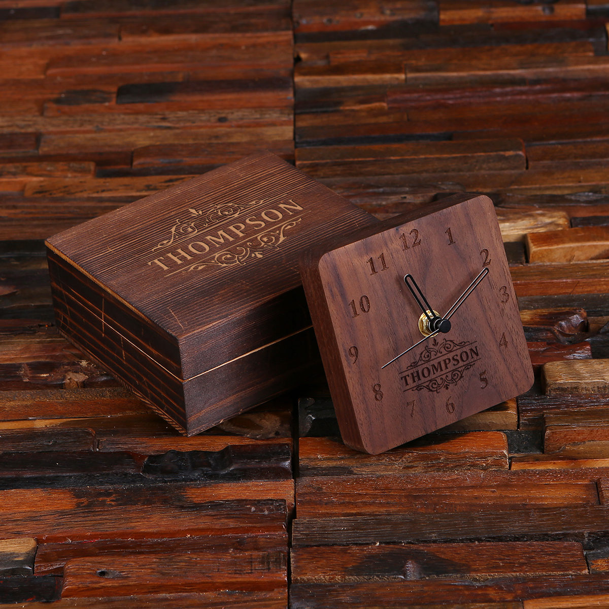 personalised wood clock gift set