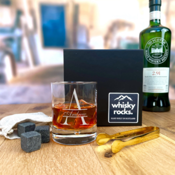 personalised whisky glass with tongs, whisky stones and black gift box