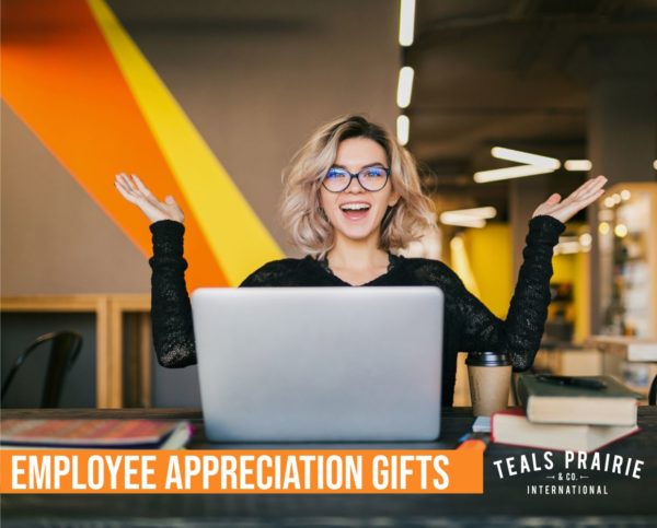 employee smiling with custom appreciation gift